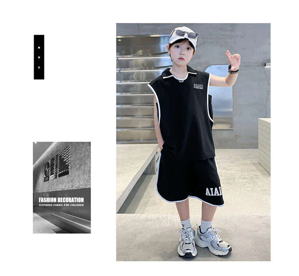 Boys Clothing Set American Style Children Vintage Vest Casual Sport Loose Pullover Sleeveless T-shirt Top Shorts Two-piece Set