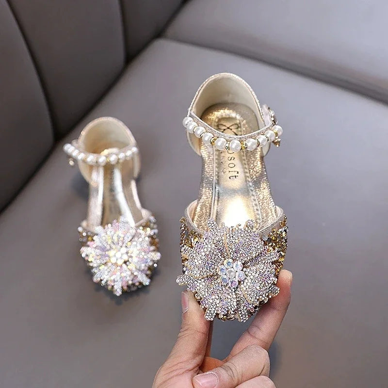 Kids Rhinestones Bow Sandals Cute Girls Party Sandals Children's Princess Shoes Fashion Soft Sole Flat Beach Sandals