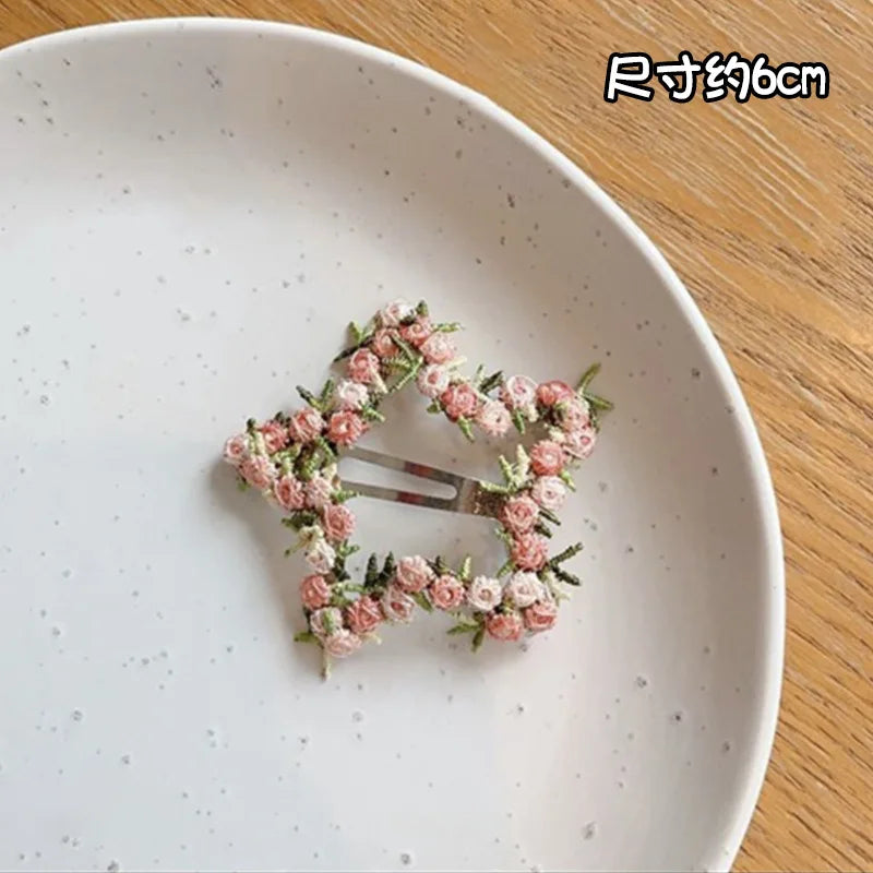 Pink Embroidered Flower Hairpin for Girls Kids Hair Clip Bangs Side Hair Accessory Barrettes