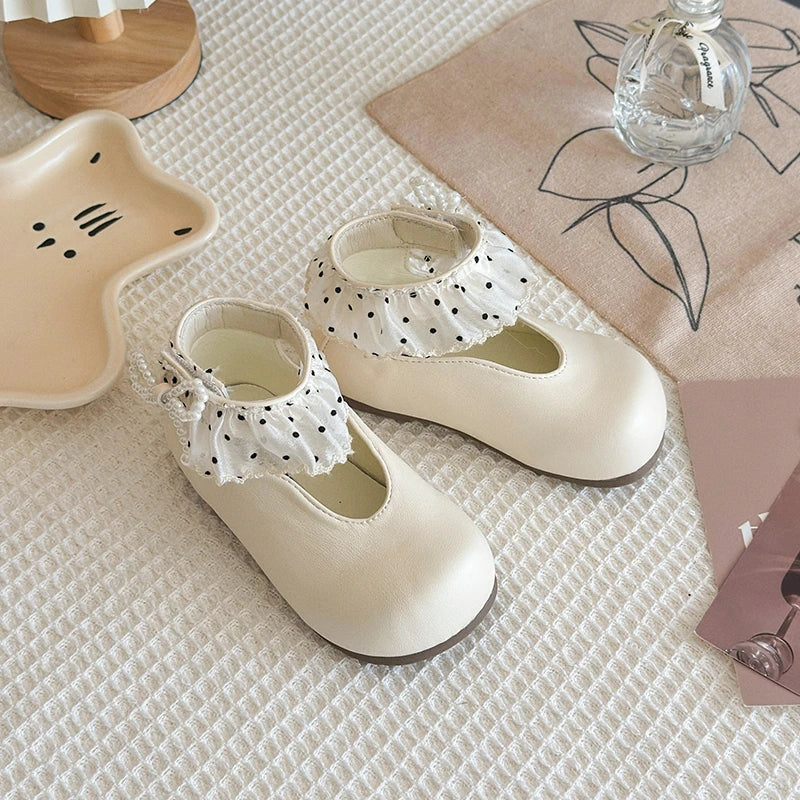 Girl's Leather Shoes Frilly Pearl Adorable Hook-loop Kids Flat Shoe Beige Brown Shallow Sweet Trendy Children Shoe 23-34