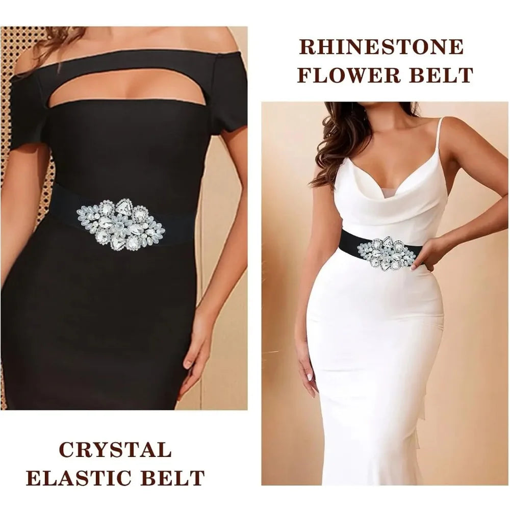 Rhinestone Elastic Belt Black Women's Stretch Belt Gold Girls Wide Crystal Flower Waist Jewelry Accessories for Dress