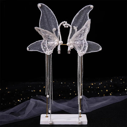 Fairy Bride Headdress BrideCourt Hair Ornament Crystal Butterfly Wings Headwe Lace Feather Fringe Hair Clip Wedding Accessories