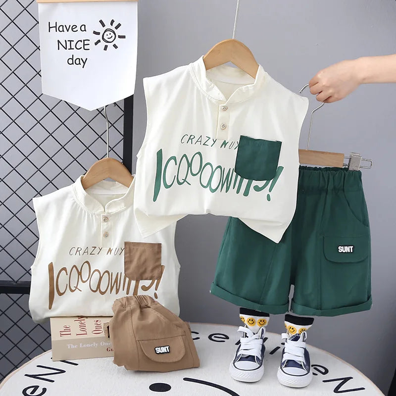 Kids Baby Boy 2 Piece Set Summer Fashion Letter Print Turtleneck Sleeveless T-shirts and Shorts Infant Boys Clothes Outfits