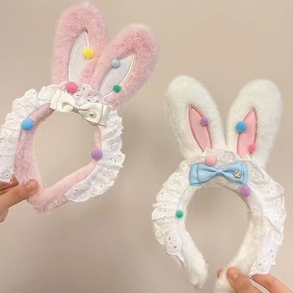 New cute plush headband with bow & rabbit ears,lace trim for delicacy.Soft skin-friendly,no hair damage.Perfect for washing face