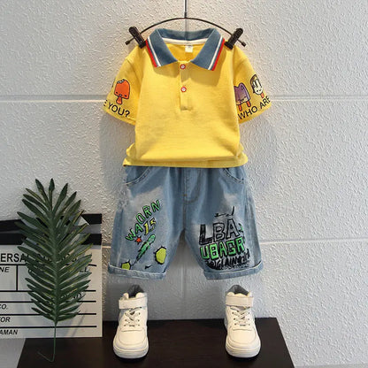 Boys 2025 Summer Outfit T-Shirt and Jeans Korean Polo Fashion 2PCS Casual Clothing Korean Reviews Top Toddler Kids Clothes Sets (Available )