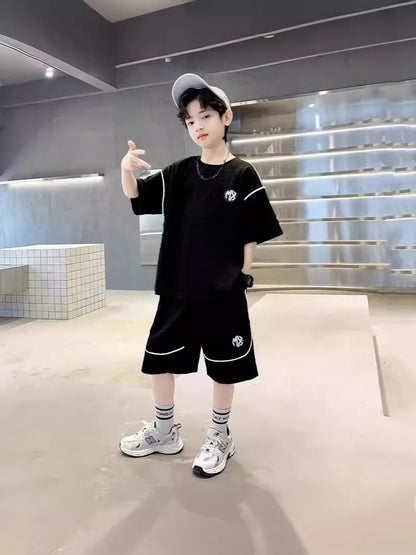 Boys Suit Child set Clothes Short-Sleeved loose black t-shirt + half pants Teenager Tracksuits Kids 8 10 12 year