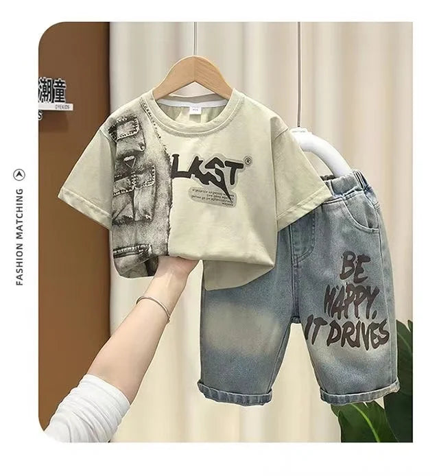 Boys Summer Clothing Set New Handsome Children's Short Sleeved Clothes Trendy Baby T-shirt Jeans Thin Two-piece Set