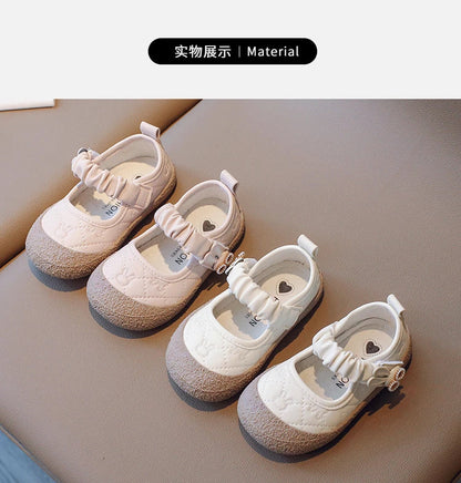 Girl's Mary Janes Cute Flat Sewing Pu Leather Little Children Leather Shoes Pu 21-30 Hook-loop Anti-slip Lovely Kids Spring Shoe
