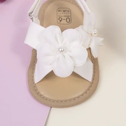 Baby Girls Shoes Flowers With Pearls Summer Cool Princess Sandals Lightweight Comfortable Soft Anti-slip Flat Sole
