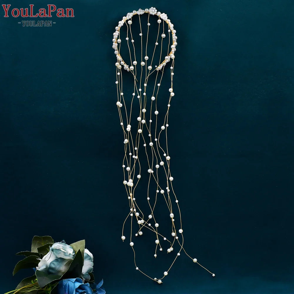 YouLaPan Pearls Tiara Wedding Headwear Handmade Beaded Tassels Headband for Bridal Woman Dress Jewelry Accessories HP610