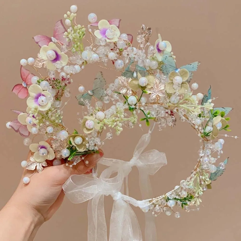 Butterfly Fairy Hair Hoop Beads Simulation Flower Flower Headdress Hair Ornaments Adjustable Wreath Headband