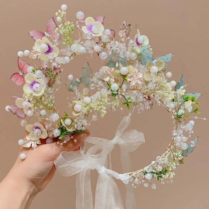 Butterfly Fairy Hair Hoop Beads Simulation Flower Flower Headdress Hair Ornaments Adjustable Wreath Headband