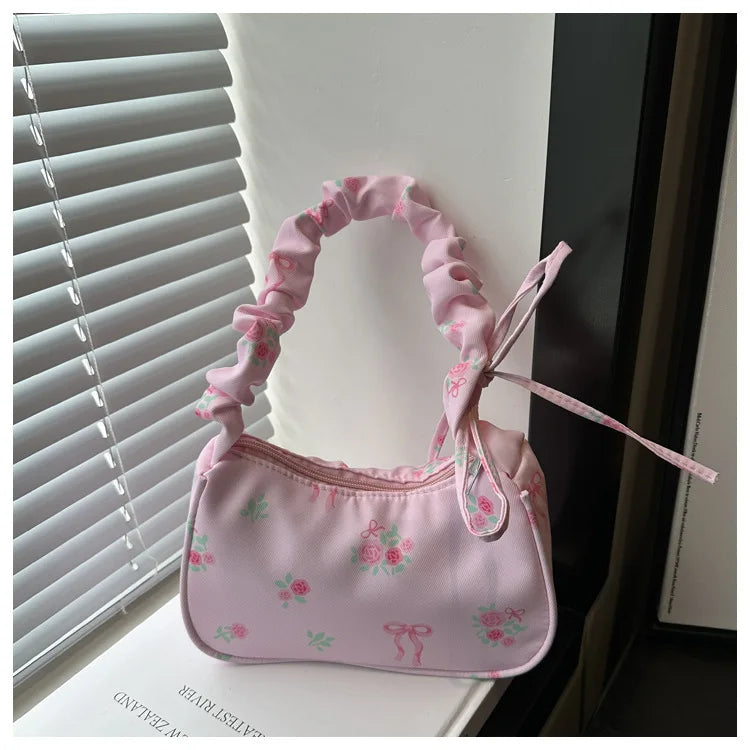 Women's Bags  Summer Nylon Pleated Handbags Armpit Bag Korean Floral Bow Printed Zipper Tote Bag Female Small Shoulder Bags