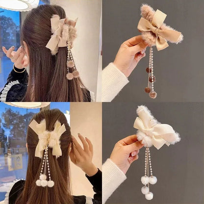 New Elegant Plush Hair Claw Plush Bow Tassel Temperament Girls Women Headdress Shark Clip Winter Accessories Hair Cute
