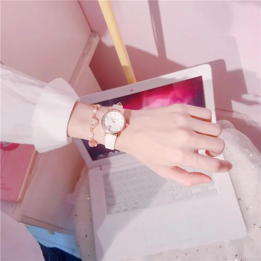 High Quality Quartz Clock Watch Bracelet Set Leather Watchband Casual Quartz Watch Cute Cat Ear Bracelet