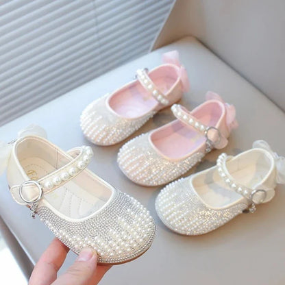 New Pearl Bowknot Elegant Kid's Princess Shoes Fashionable Sweet Children's Shoes