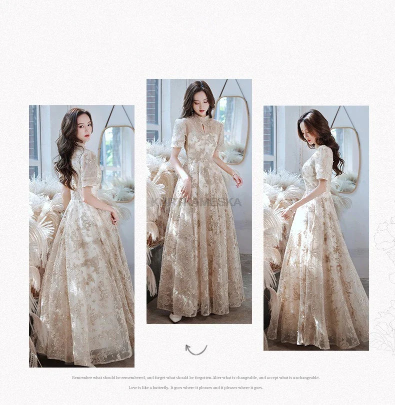Elegant High Collar Evening Prom Bridesmaid Banquet Party Ball Dress Gown Short Sleeve Flower Embroidery Appliques Formal Dress