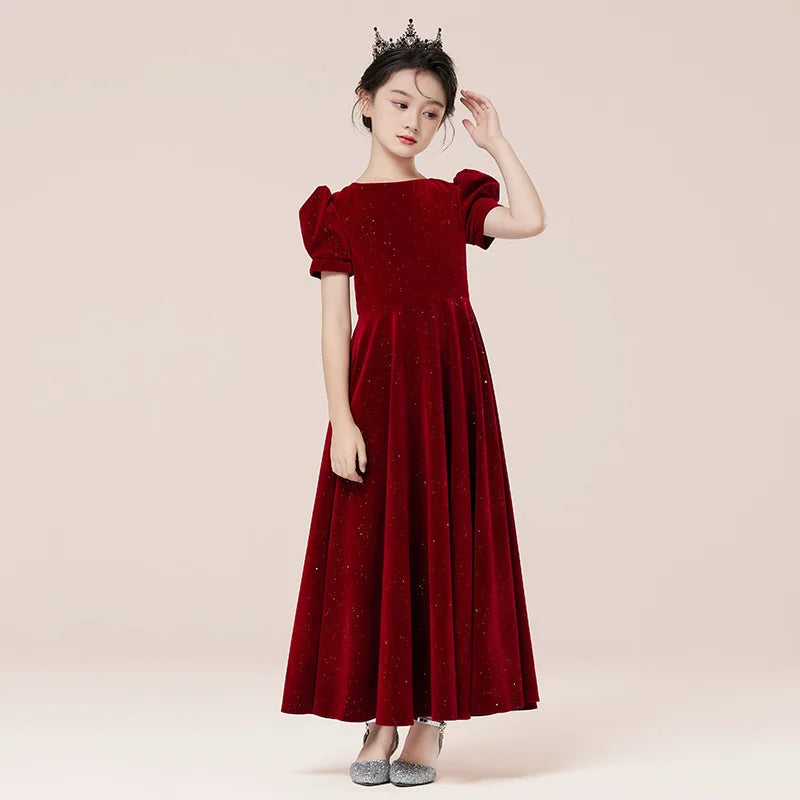Kids Party Dress Clothing For Birthday Princess  Wine Red Piano Wedding Flower Girl Host Children's Formal Dress