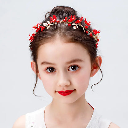 Artificial Flower Hairband Wedding Tiaras For Women Red Floral Pearl Headband Elegant Girls Hair Hoop Bridal Headwear Jewelry