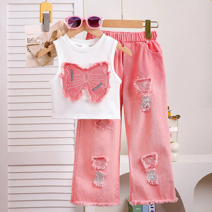 Unique Kid Set Summer Girl Sleeveless Applique Bow Camisole Top Ripped Denim Pants Two-Piece Children Suit Casual Comfortable