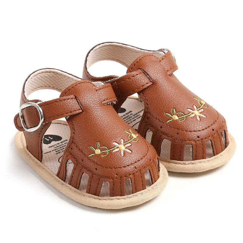 Newborn Infant Baby Girl PU Leather Embroidery Flower Sandals Summer Soft Sole Flat Princess Shoes Infant Non-Slip First Walkers