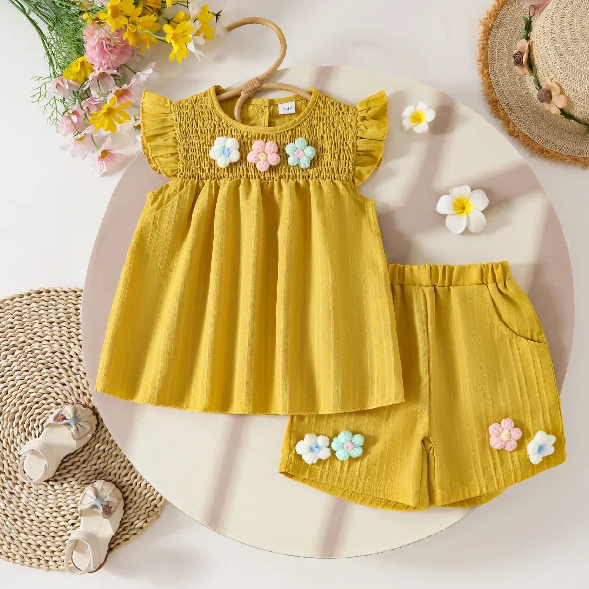Children's Clothing Sets Small Flower Sleeveless Top + Bow Shorts 2pcs Sets Toddler Girl Clothes Kids Boutique Clothes