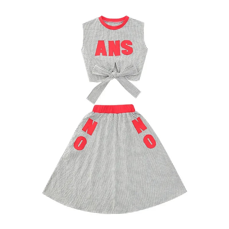 Girls Clothes Summer Kids Fashion Letter Vest + Skirt 2pcs Set Children Clothing Suit Teen Girl Plaid Bowknot Sleeveless Outfits