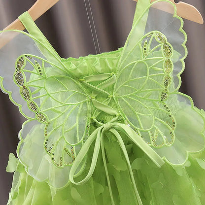 Fairy Girl Glitter Butterfly Wings Dress Summer New Kids Green Sling Princess Dresses Party Girls Costume  (Available)