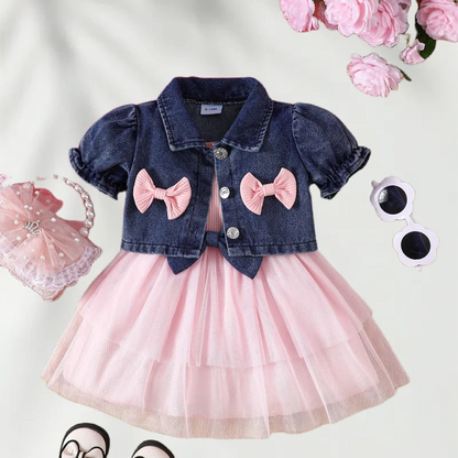 Summer 0-6Y Kids Clothes Girls Denim Collar Short Jacket 2pcs Set Sling Dress Bowknot Tulle Puff Skirt Girl Outfit