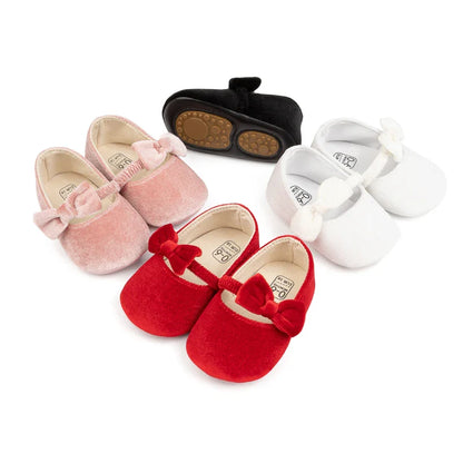 Newborn Baby Girls Mary Jane Flats Cute Bowknot Velvet Toddler Dress Shoes Lovely Princess Infant Crib Shoes for 0-18Months