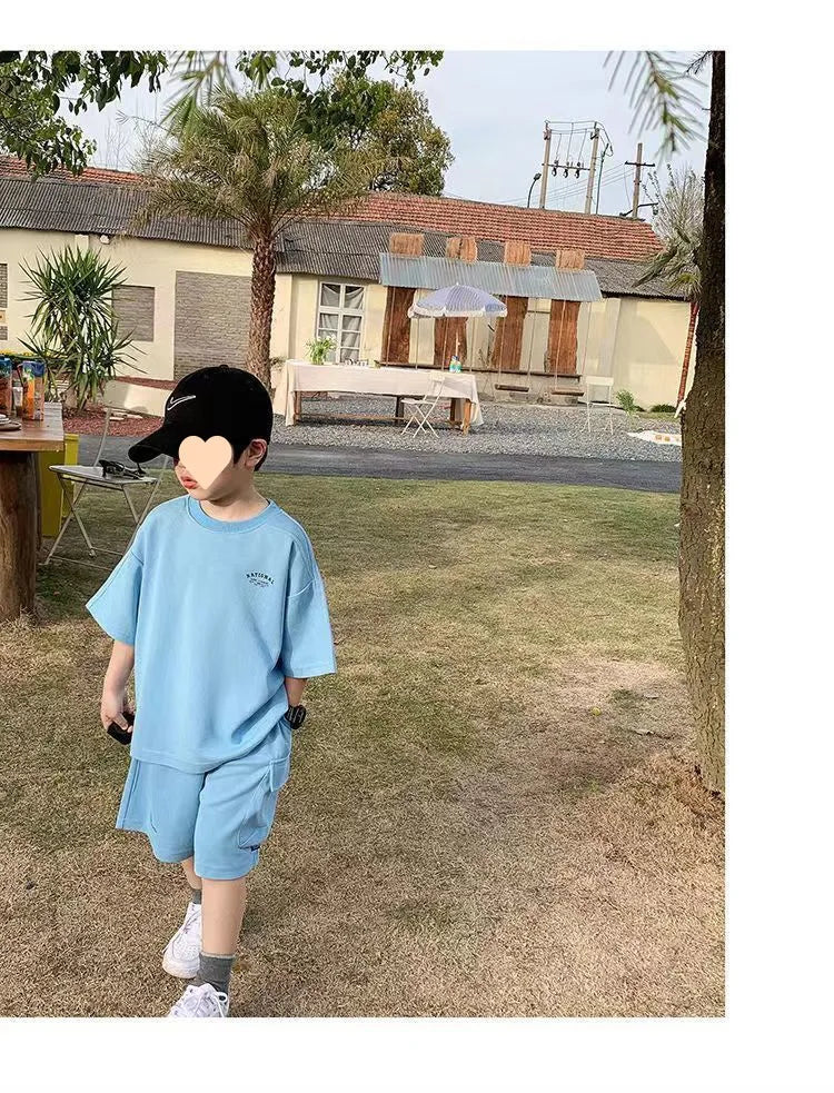 Summer Casual Boys Cotton Loose Alphabet T-shirt Tops+Short Pants Set School Kids Tracksuit Children 2-Piece Outfit Suit 2-14Yrs