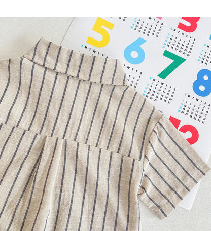 Set Children Unisex Summer New Style Cotton Stripe Pocket Shirt Polo Collar Shourts Fashion Casual Brief Versatile Korean
