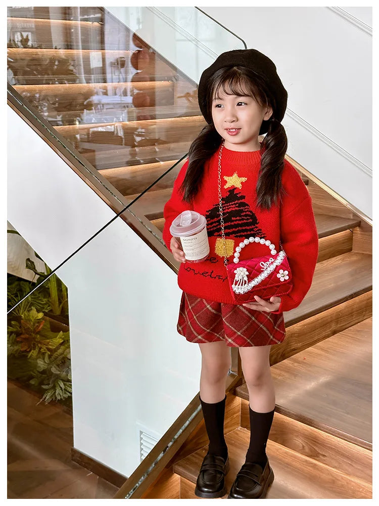 Sweet Bow Children's Small Square Shoulder Bag Sequin Lace Princess Girls Crossbody Bags Pearl Handle Coin Purse Handbags Gifts