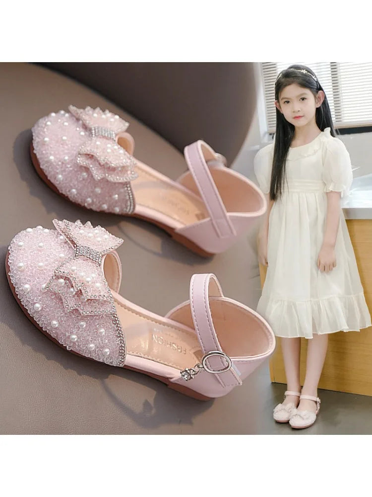 Girls' Princess Shoes Spring And Summer Sandals White Flat Dress Shoes Pearl Decoration For Kids And Teens