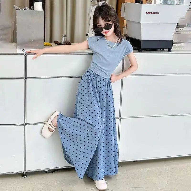 Girls set, summer children's fashion clothing, little girl wide leg pants, Korean version two-piece set, 4-12 years old