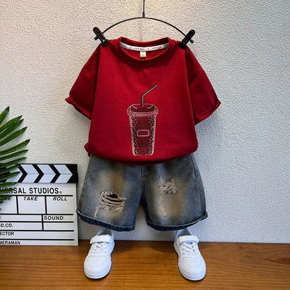 Korean Boys Summer Children's Top and Bottom 2PC Sets Short Sleeve T-Shirt & Denim Shorts Kids Clothes 1-7 Years Black Toddler