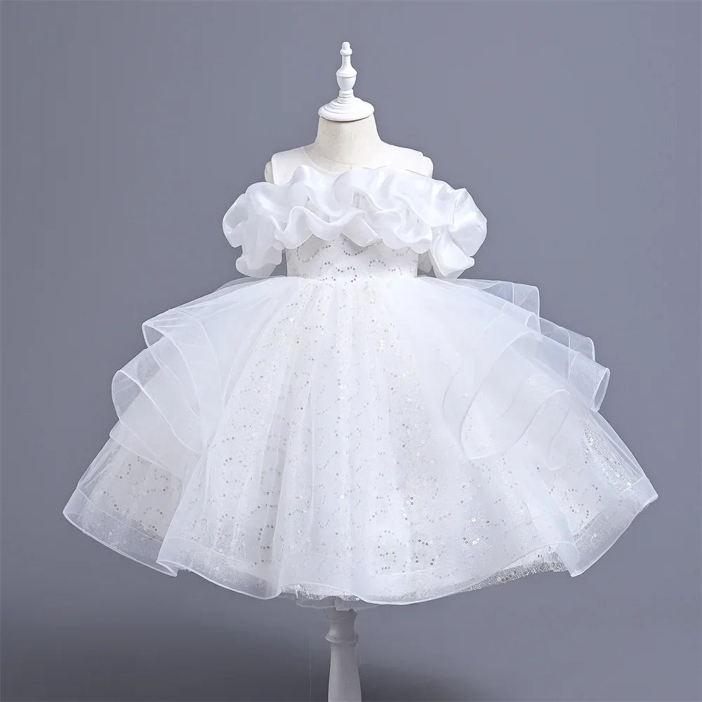 New Girl's Wedding Evening Dress Petal Sequin Mesh Sleeveless Dress Birthday Party School Graduation Party Dress