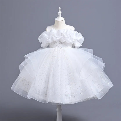 New Girl's Wedding Evening Dress Petal Sequin Mesh Sleeveless Dress Birthday Party School Graduation Party Dress