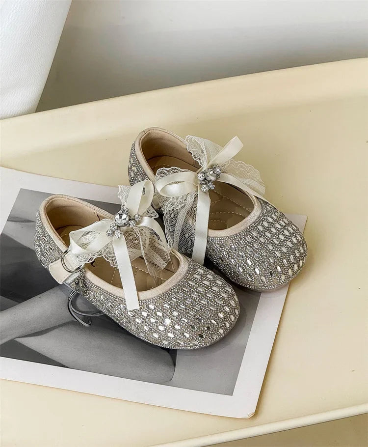 Children Shoes For Girls Leather Bow Rhinestone Princess Shoes Soft Sole Outdoor Fashion Kids Sneakers EU 26-33