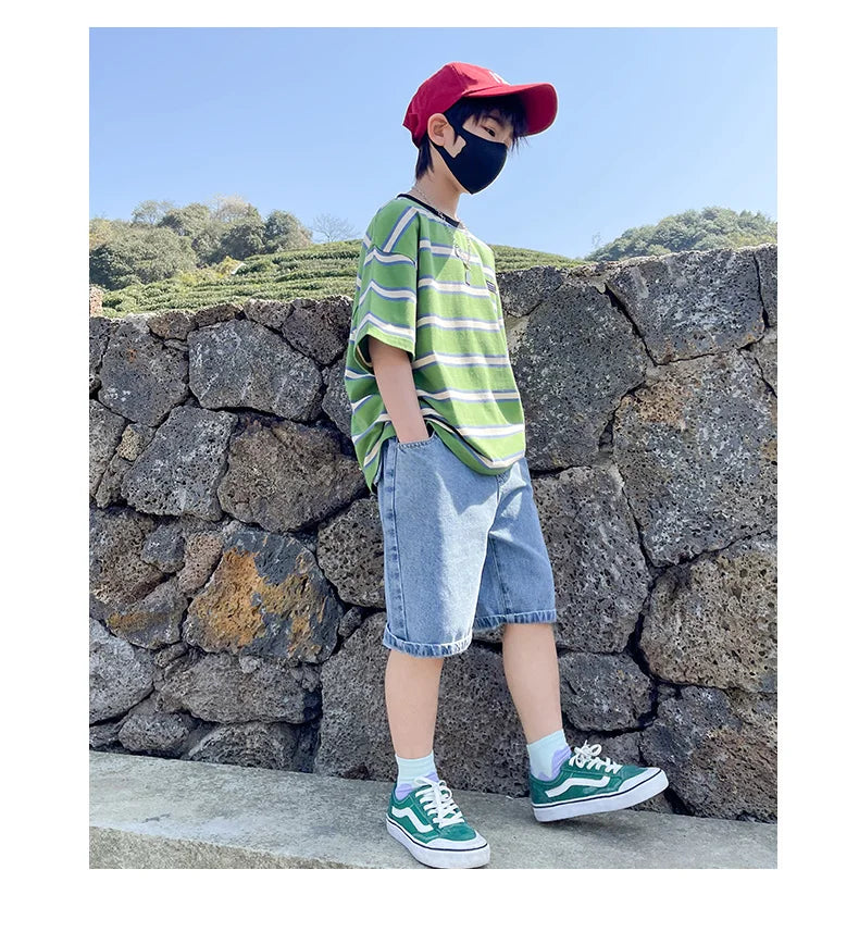 Tween Boy Summer Clothing Set Child Casual Cotton Stripe T-shirt & Denim Shorts 2 Piece Suit Teenage Kids Luxury Clothes Costume