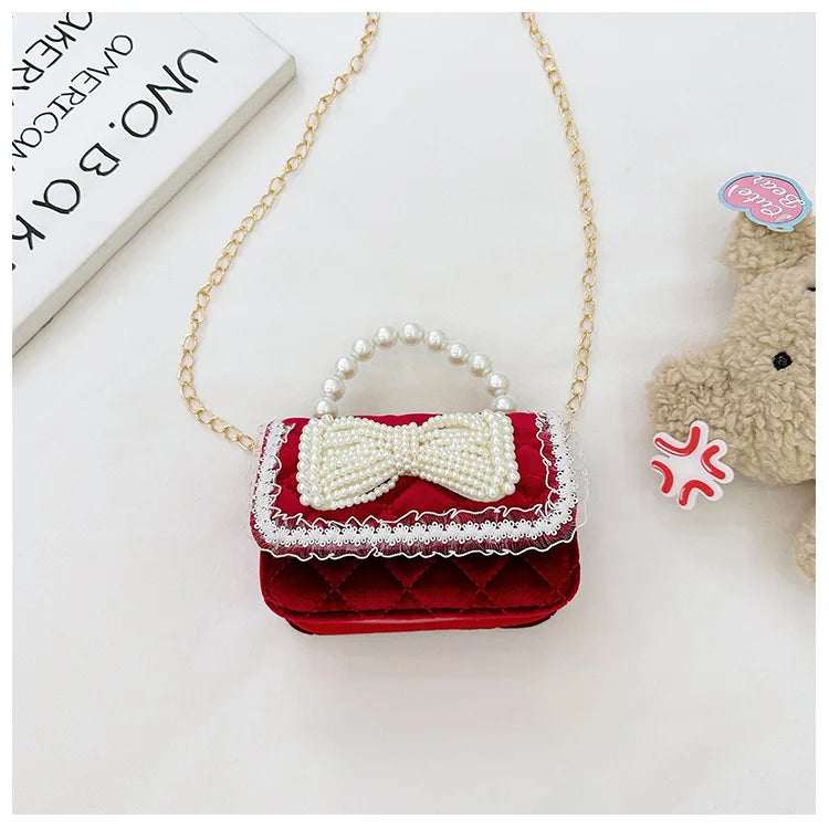Sweet Bow Children's Small Square Shoulder Bag Sequin Lace Princess Girls Crossbody Bags Pearl Handle Coin Purse Handbags Gifts