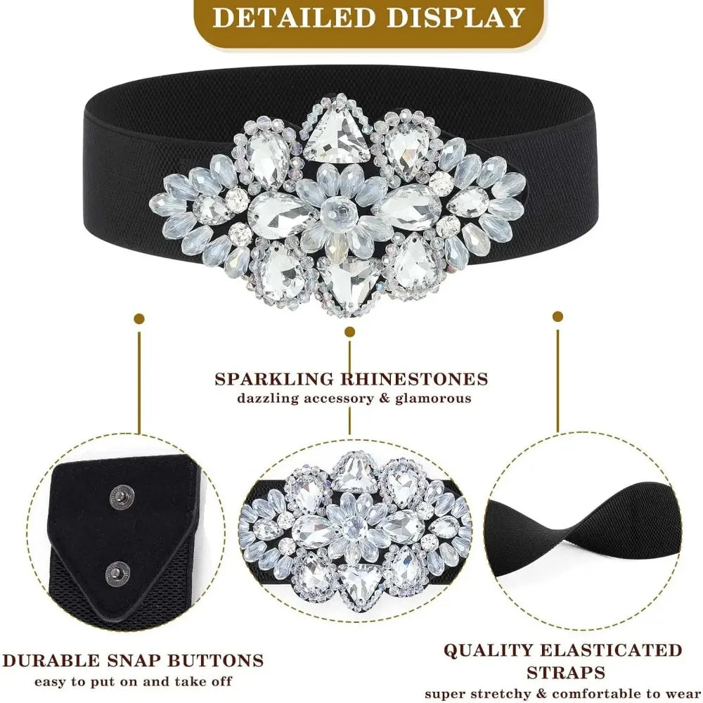 Rhinestone Elastic Belt Black Women's Stretch Belt Gold Girls Wide Crystal Flower Waist Jewelry Accessories for Dress