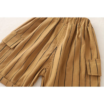 New Fashion Soft and Comfortable Children's Coffee Vertical Stripe Shirt Shorts Three-piece Set Kids Clothes Boys