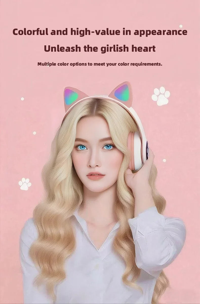 P47M Wireless Headphone Flash Light Cute Cat Bluetooth with Mic Control LED Stereo Music Helmet Phone Bluetooth Headset Gift