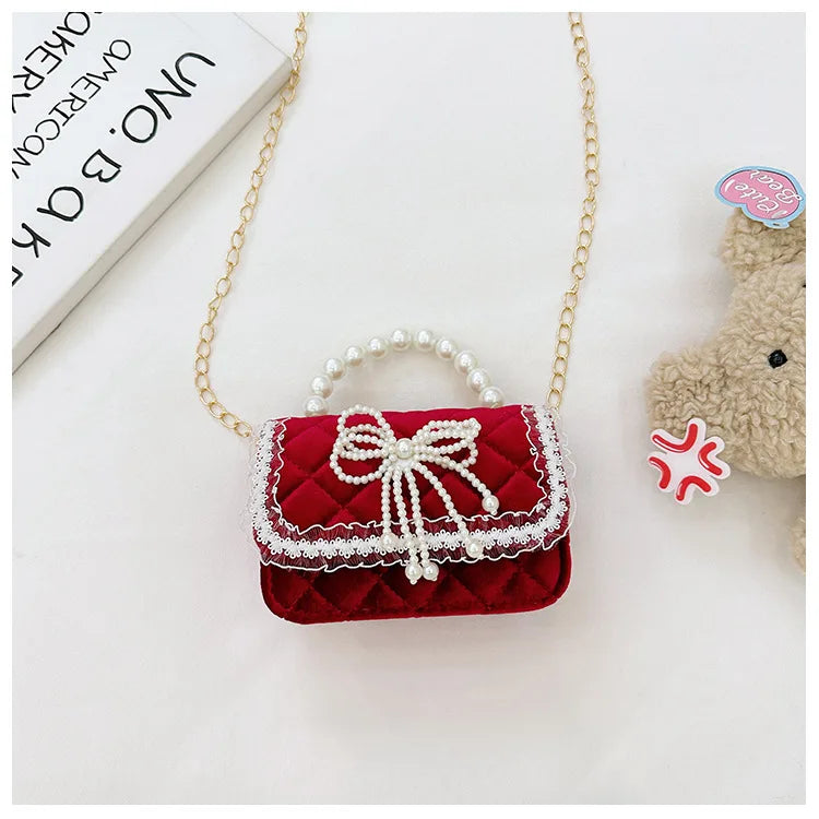Sweet Bow Children's Small Square Shoulder Bag Sequin Lace Princess Girls Crossbody Bags Pearl Handle Coin Purse Handbags Gifts