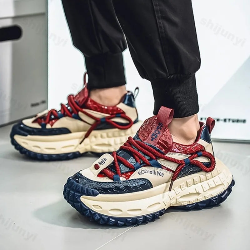 New Thick Soled Height Increasing Men's Casual Shoes 2025 Spring Color Blocked Comfortable Fashion Trend Low Cut Chunky sneakers   (Available)
