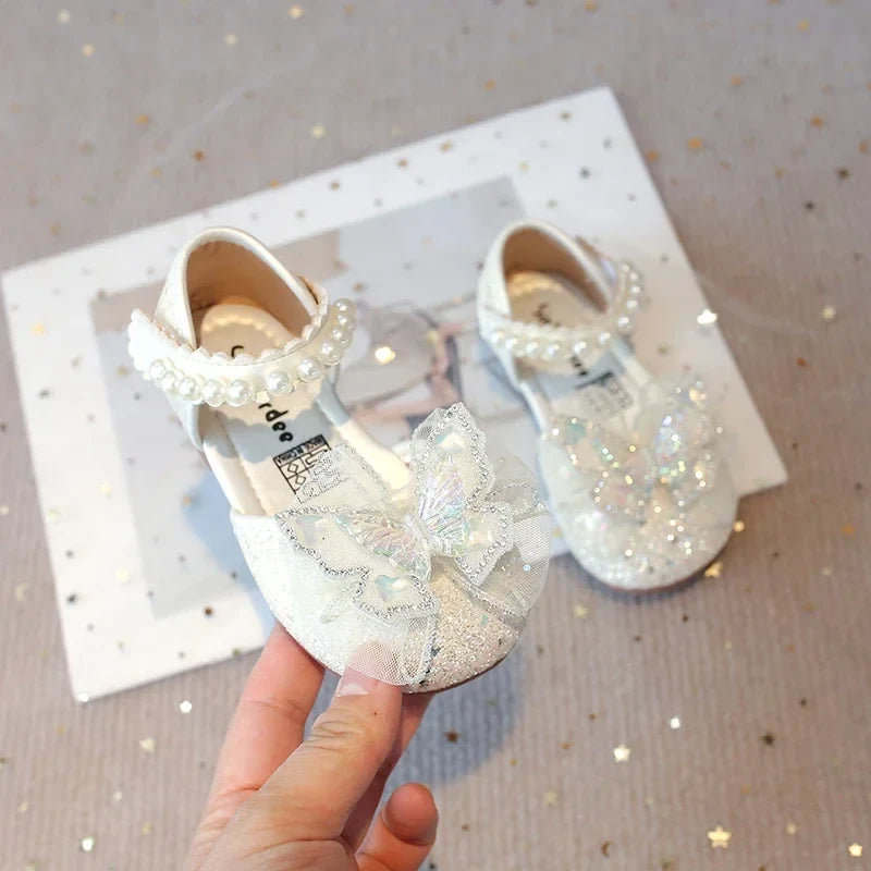 Girls Dress Shoes for Wedding Party Bling Sequins with Rhinestone Butterfly Sweet Princess Chic Kids Flat Shoes Lace Beaded