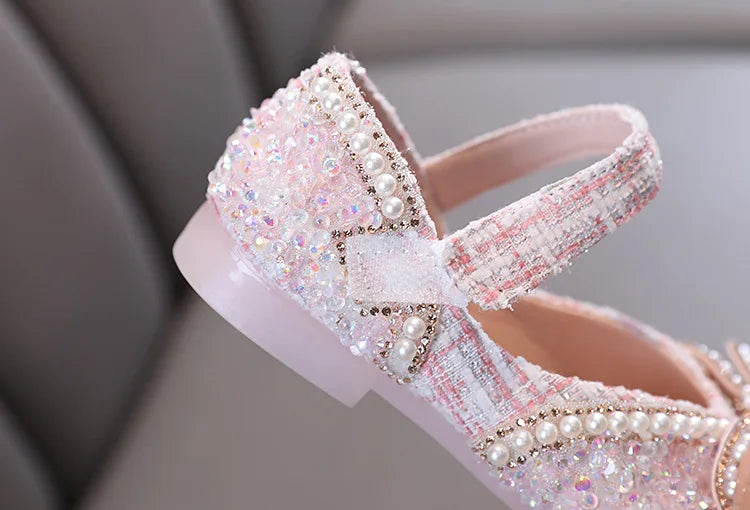 Girls Shoes Bling Single Shoes for Stage Performance Mary Janes Bow Crystal Glitter Wedding Flats Dance Party Leather Shoes New