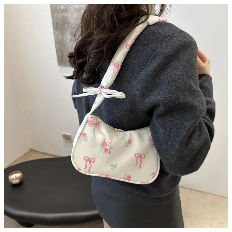 Women's Bags  Summer Nylon Pleated Handbags Armpit Bag Korean Floral Bow Printed Zipper Tote Bag Female Small Shoulder Bags