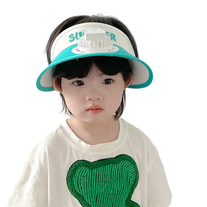 Summer Children Sun Hat with Mini Cooling Fan Empty Top Wide Brim Visor Hat Hiking Travel Sunscreen Hat Girls Boys Outdoor Sun P